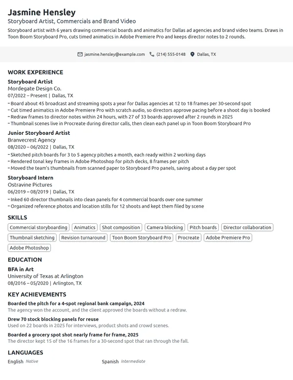 Storyboard Artist resume example