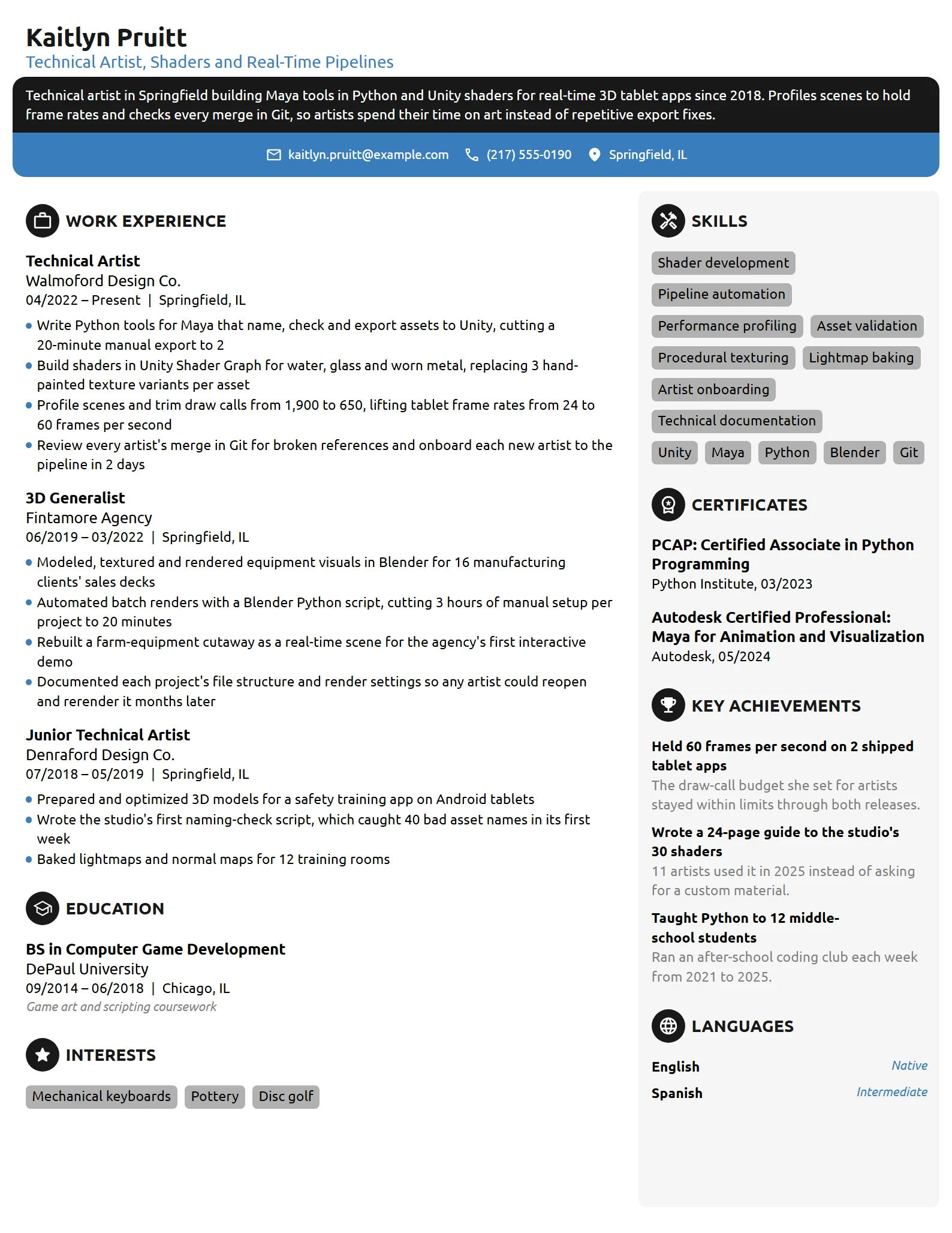 Technical Artist resume example