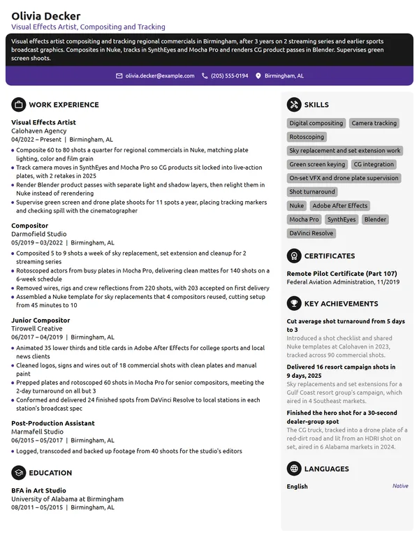 Visual Effects Artist resume example