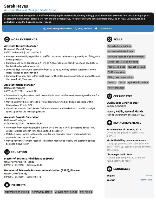 Assistant Business Manager resume example