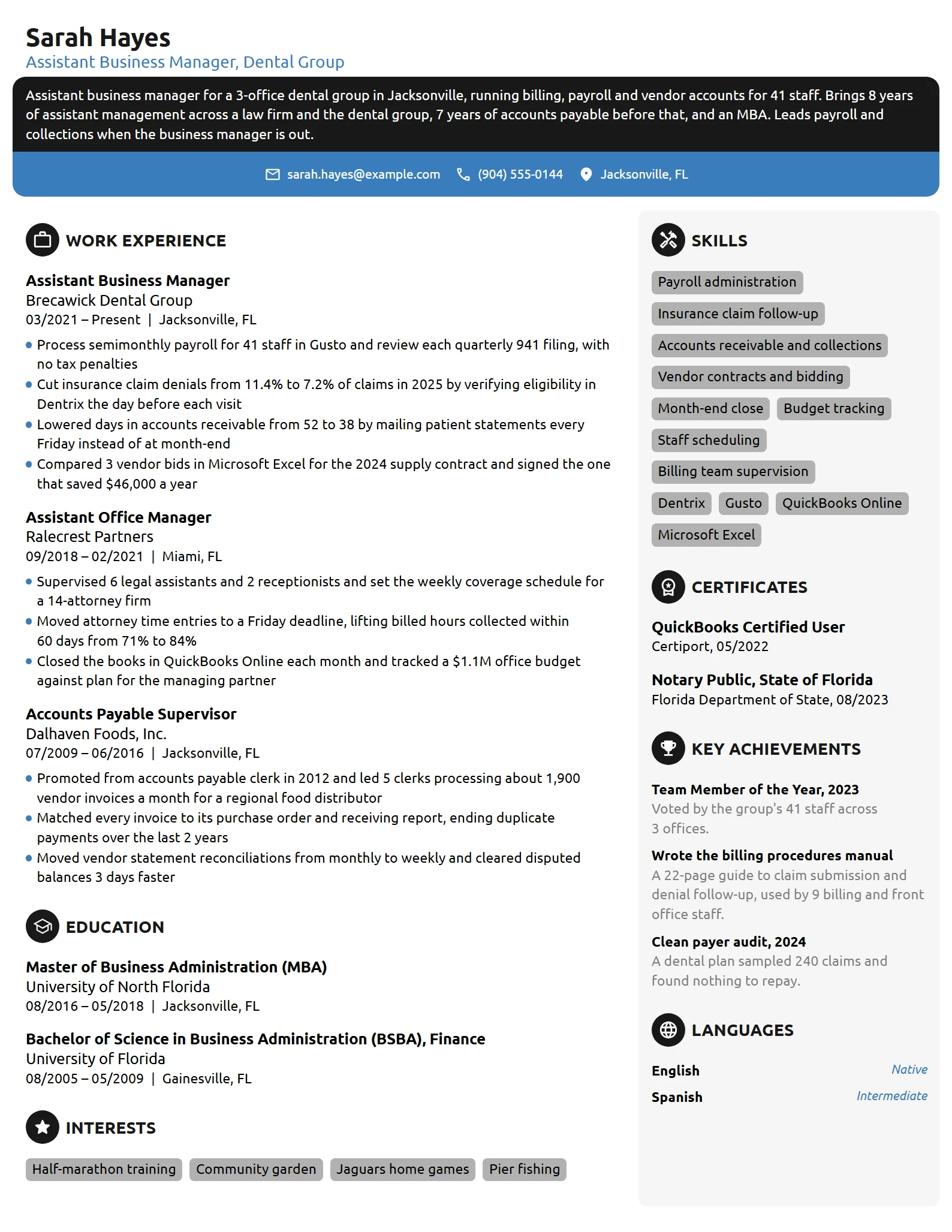 Assistant Business Manager resume example