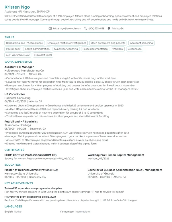 Assistant HR Manager resume example