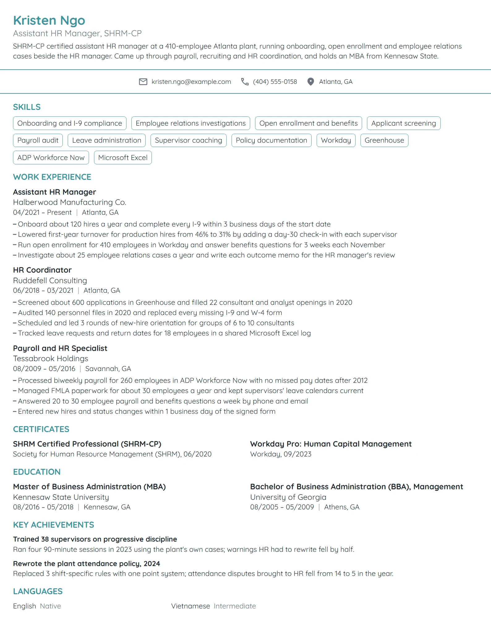 Assistant HR Manager resume example