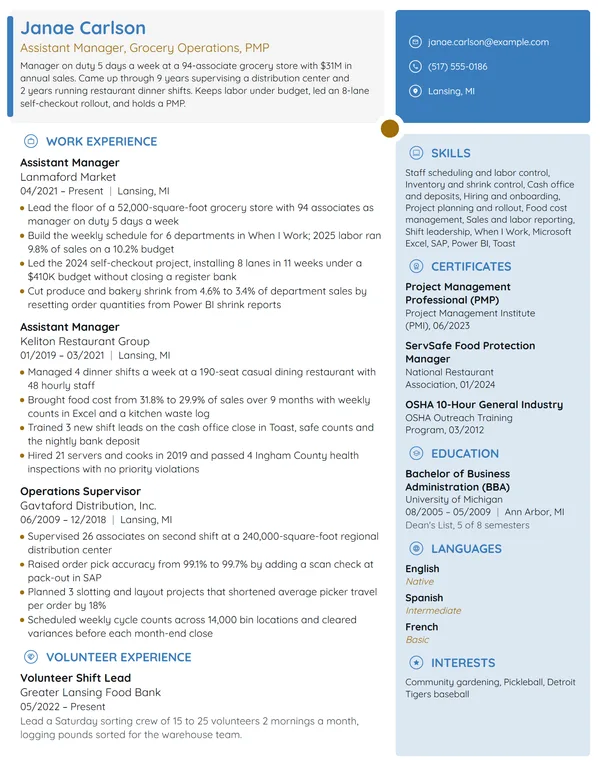 Assistant Manager resume example