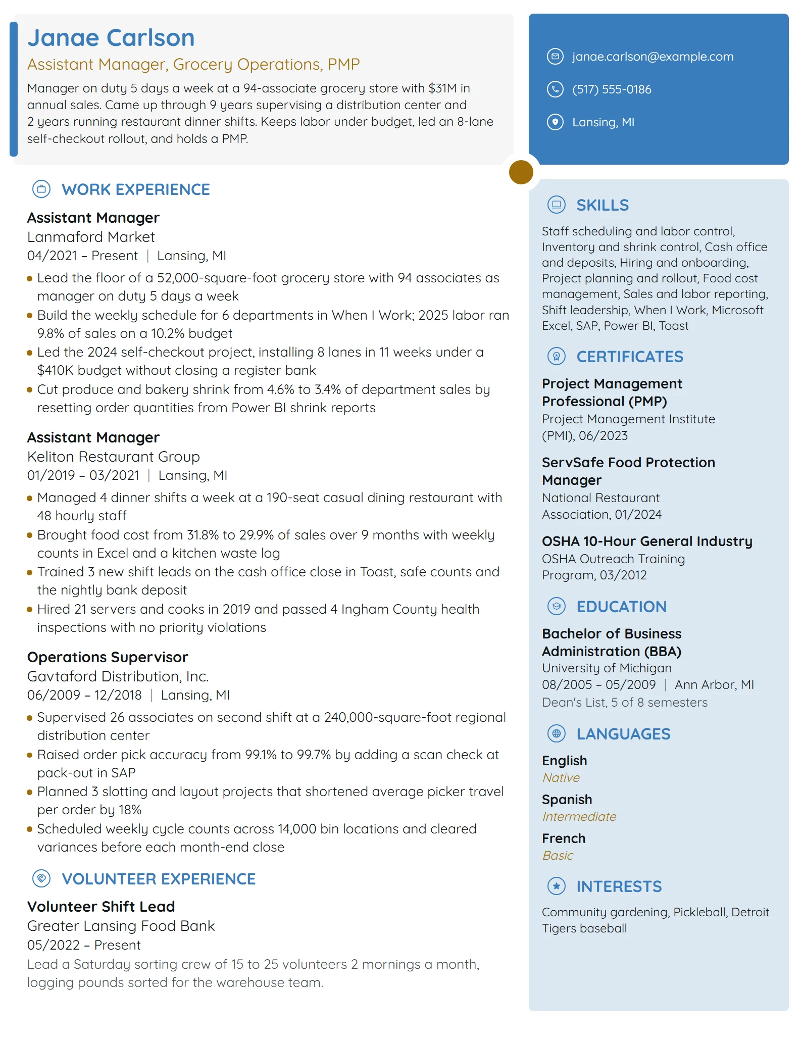 Assistant Manager resume example