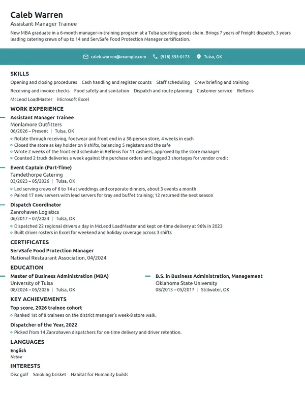 Assistant Manager Trainee resume example