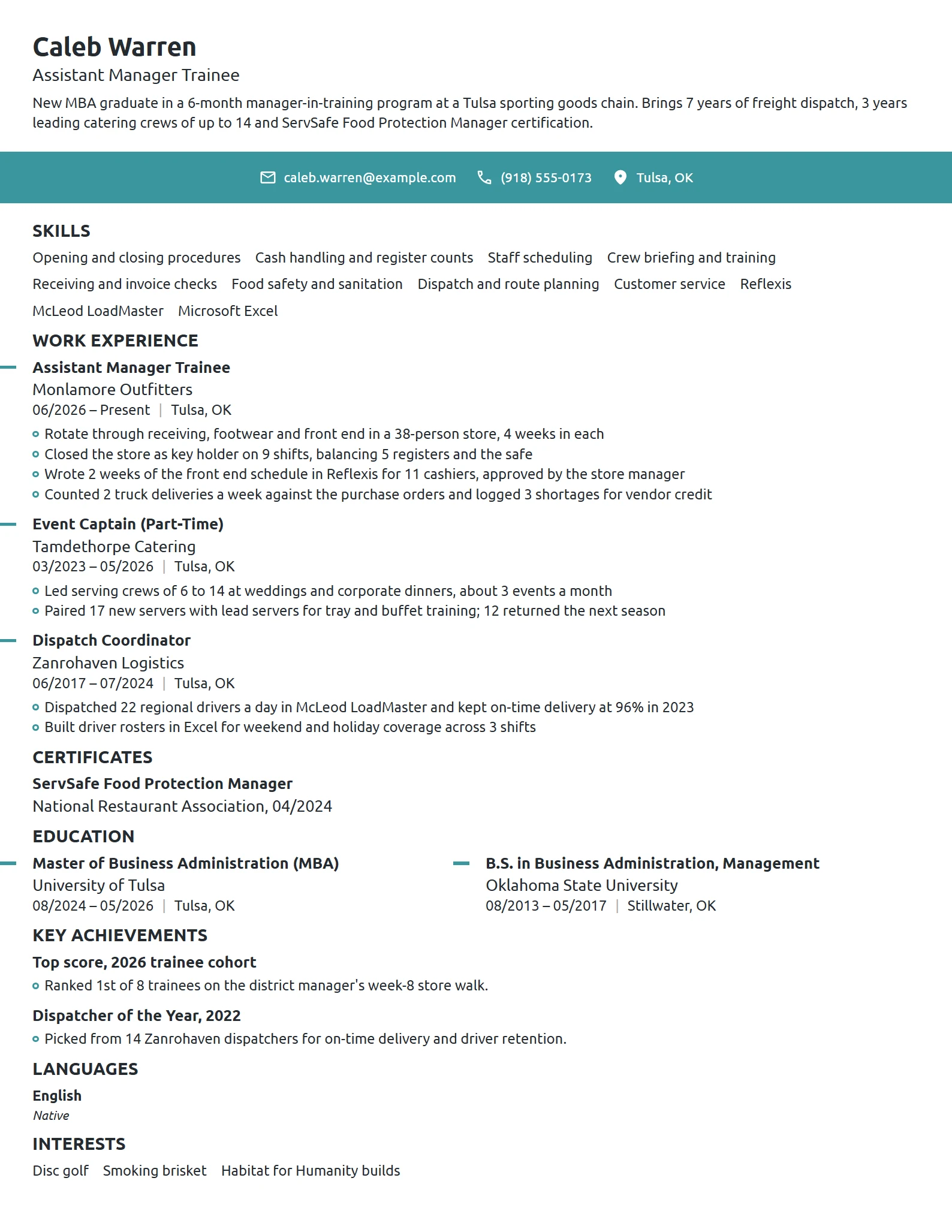 Assistant Manager Trainee resume example