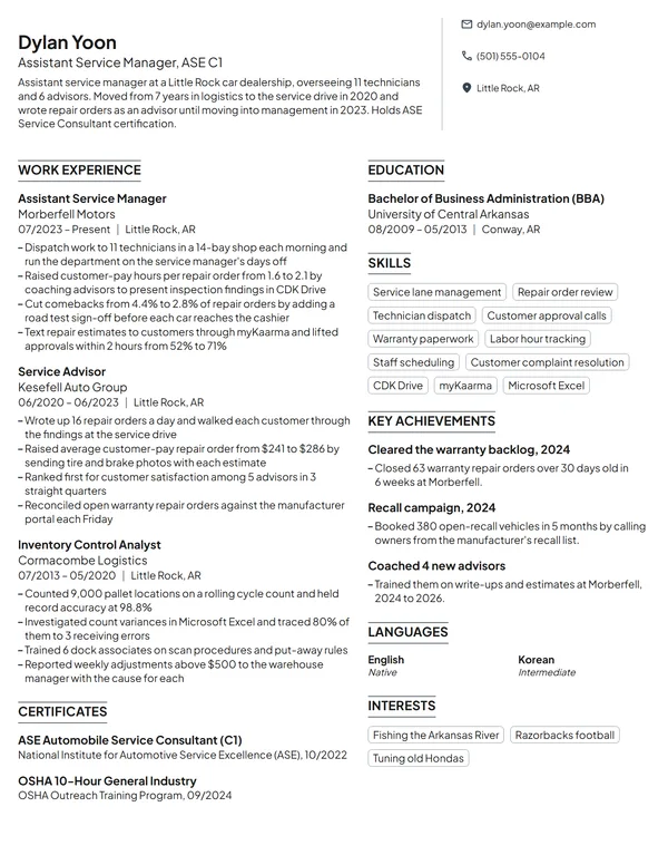 Assistant Service Manager resume example