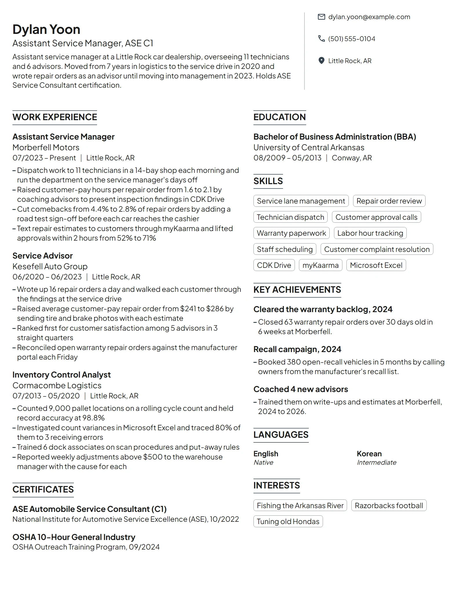 Assistant Service Manager resume example
