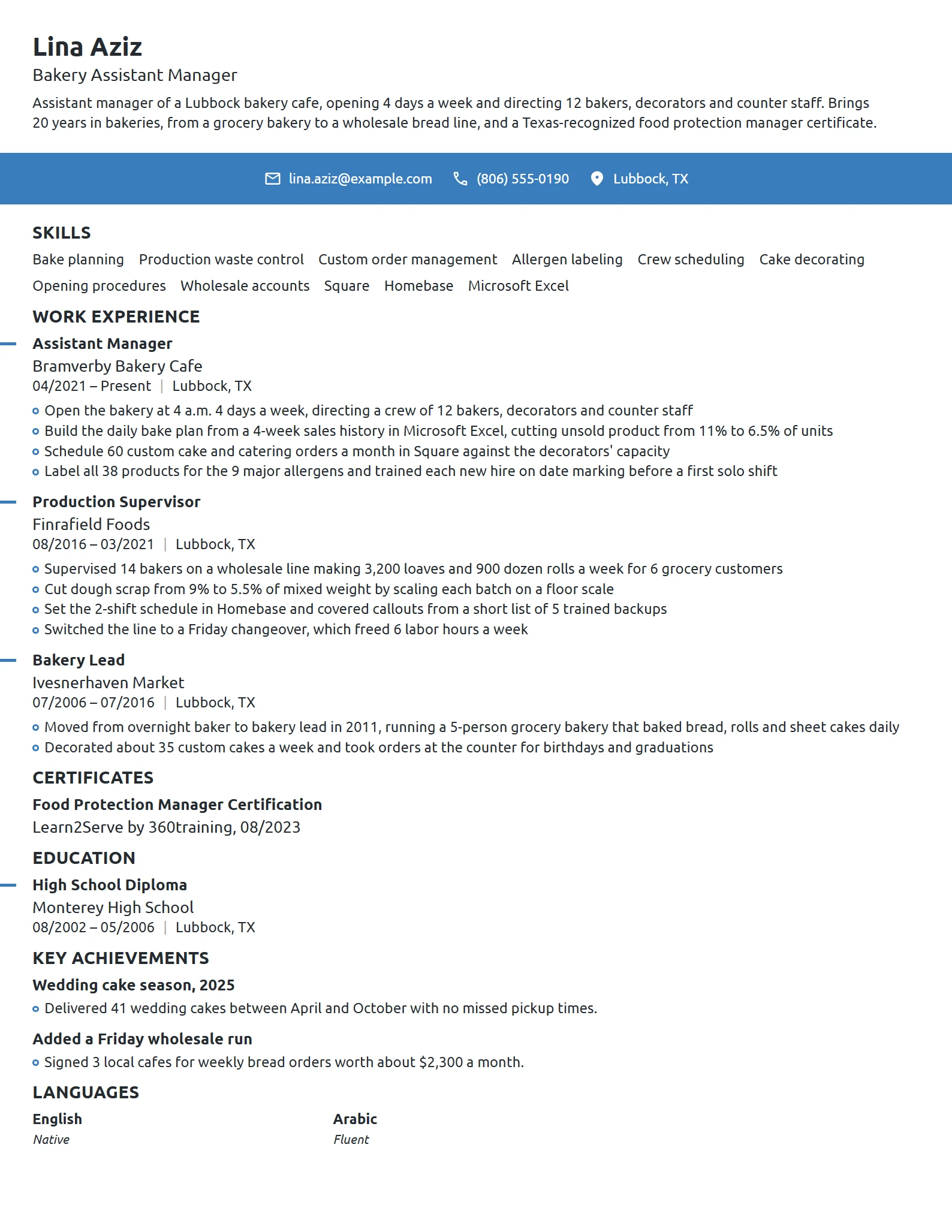 Bakery Assistant Manager resume example