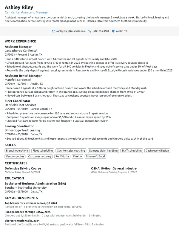 Car Rental Assistant Manager resume example