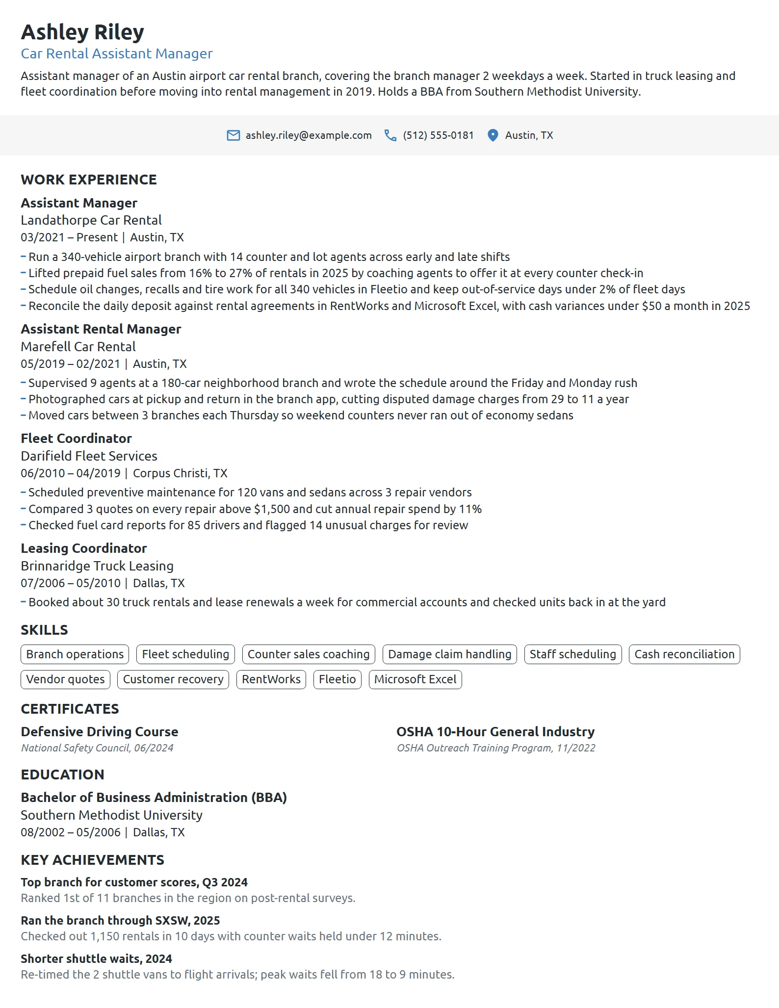 Car Rental Assistant Manager resume example