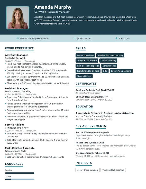 Car Wash Assistant Manager resume example