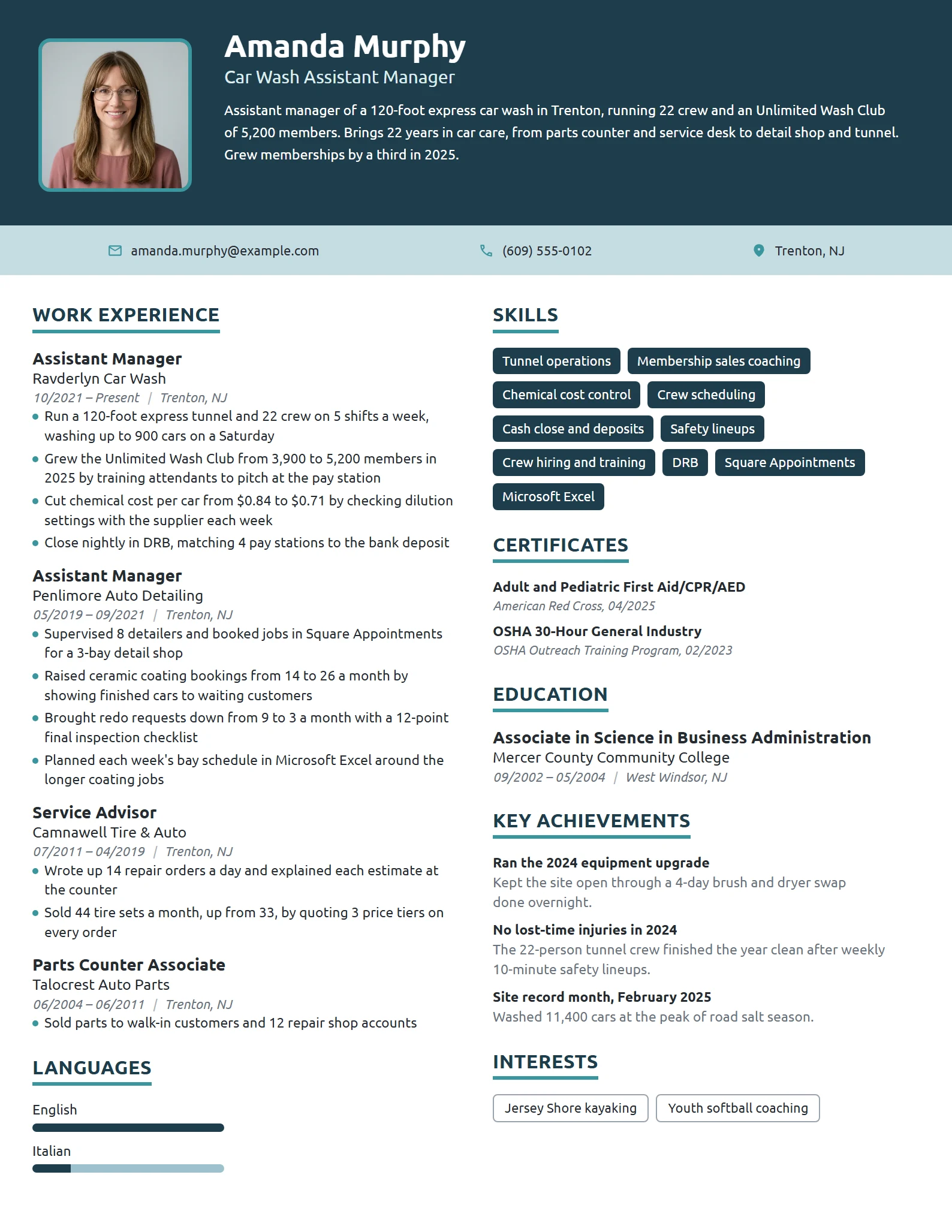 Car Wash Assistant Manager resume example
