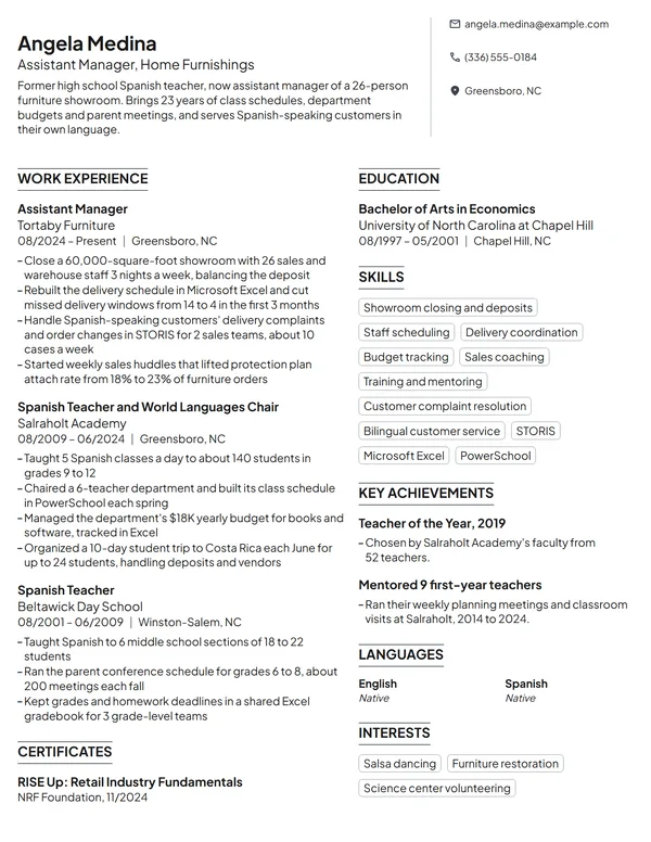 Career Change Assistant Manager resume example