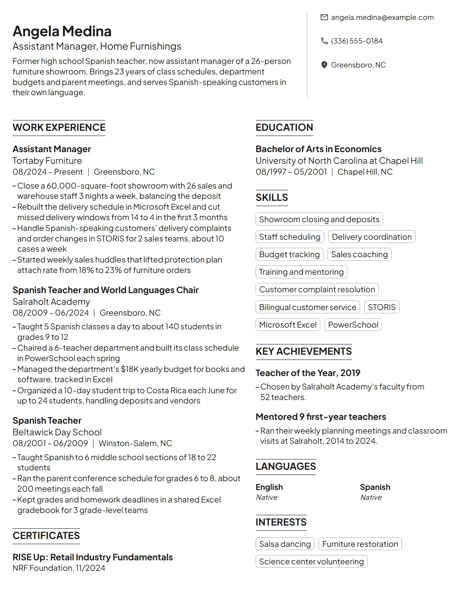Career Change Assistant Manager resume example
