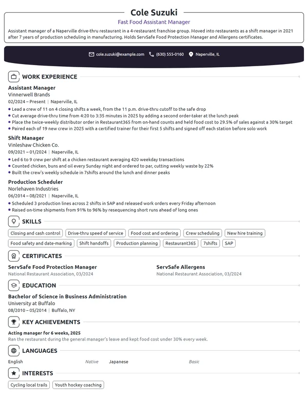 Fast Food Assistant Manager resume example