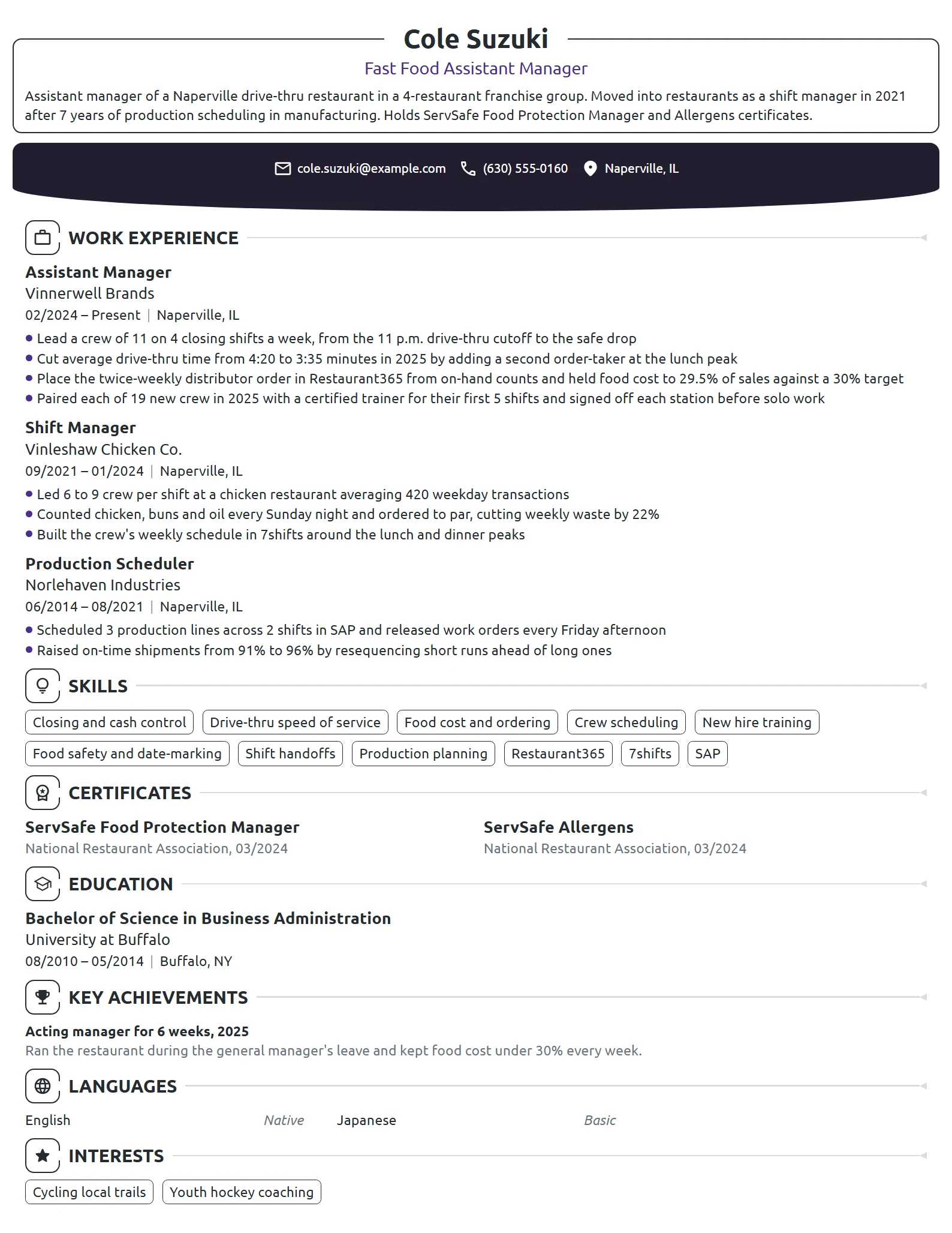 Fast Food Assistant Manager resume example