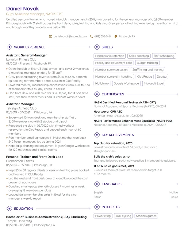 Gym Assistant Manager resume example