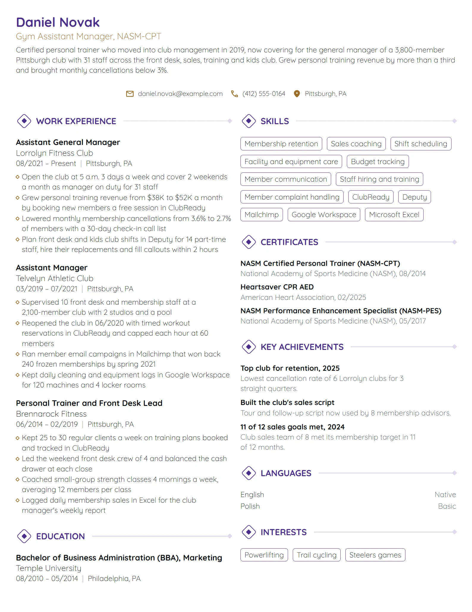 Gym Assistant Manager resume example