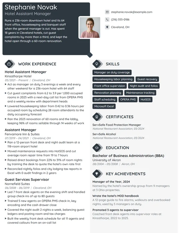 Hotel Assistant Manager resume example
