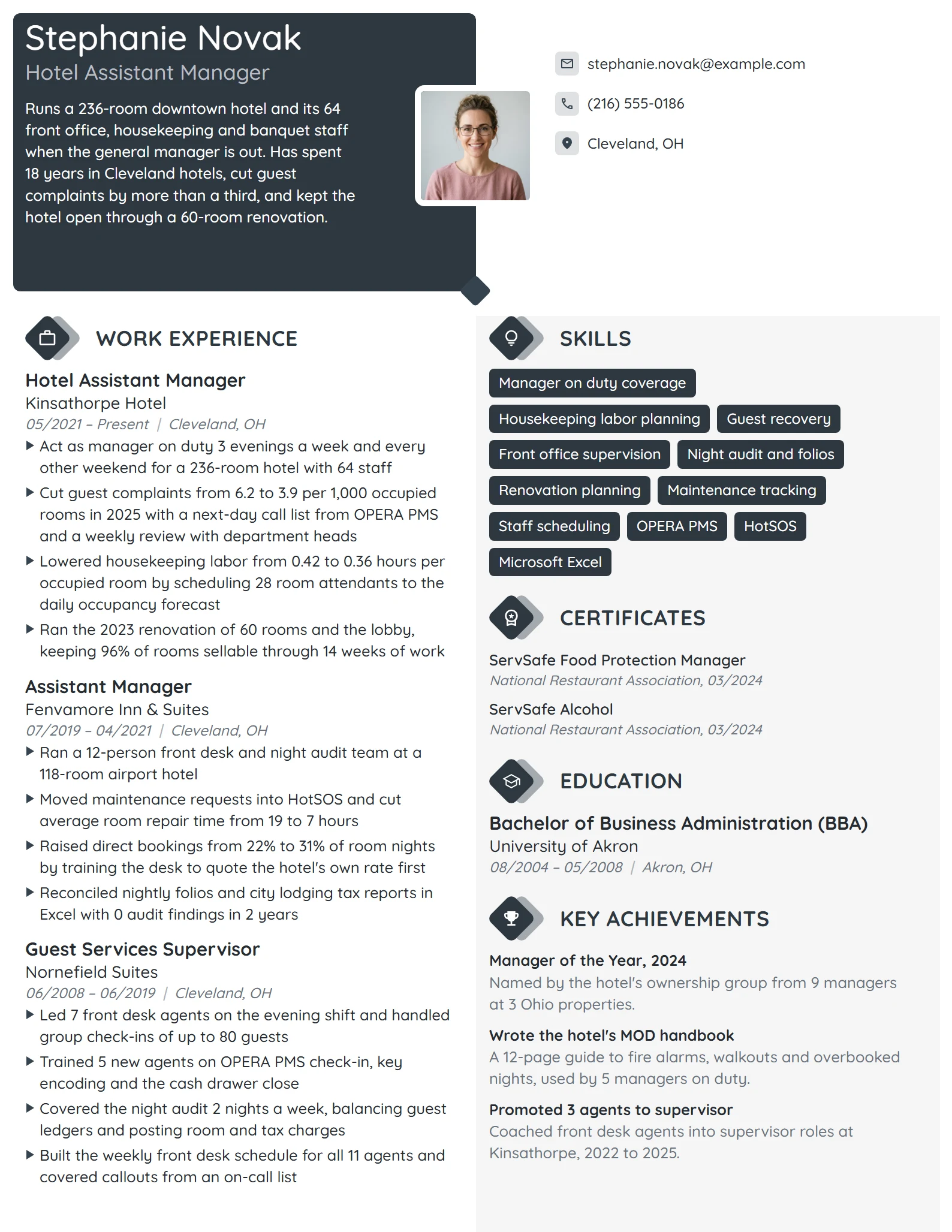 Hotel Assistant Manager resume example