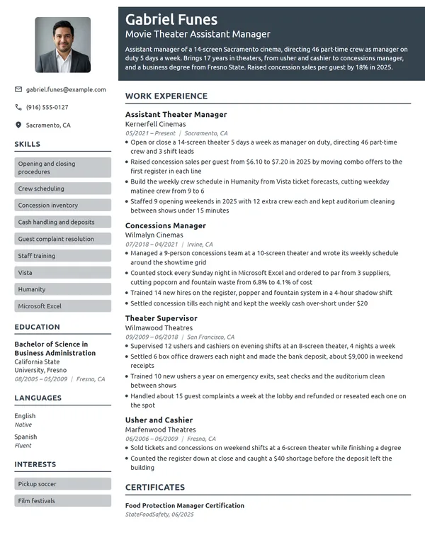 Movie Theater Assistant Manager resume example