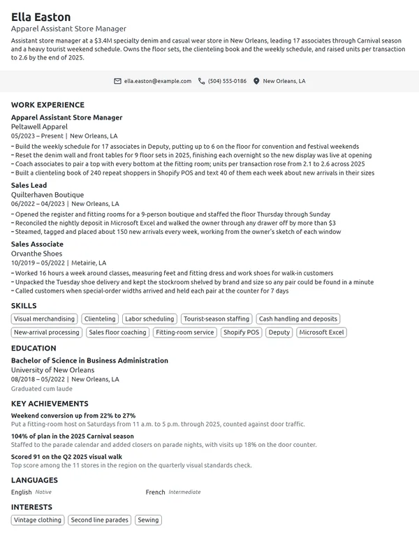 Apparel Assistant Store Manager resume example