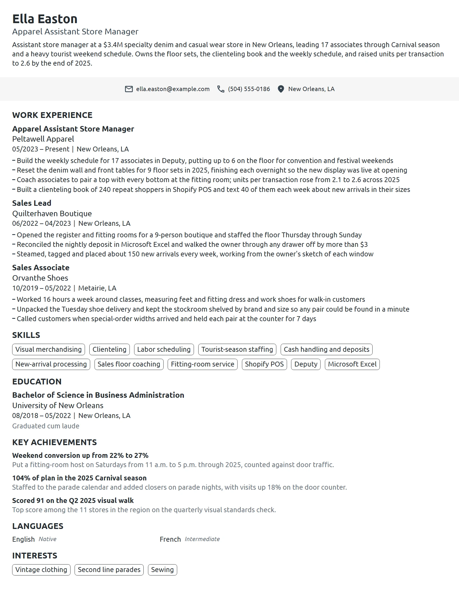 Apparel Assistant Store Manager resume example