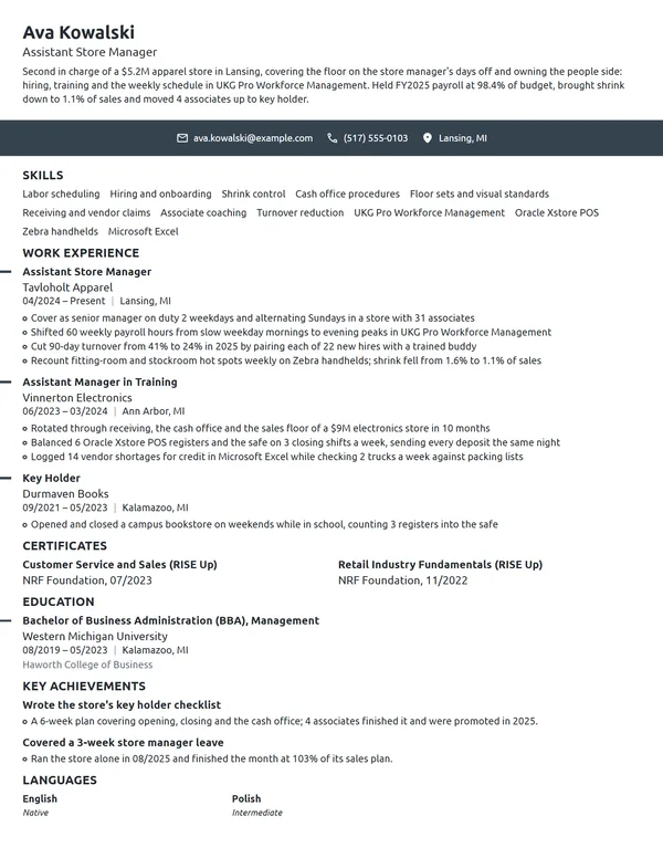 Assistant Store Manager resume example