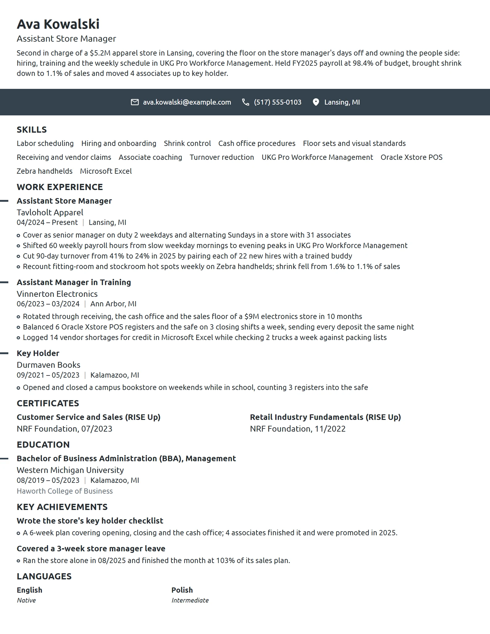 Assistant Store Manager resume example