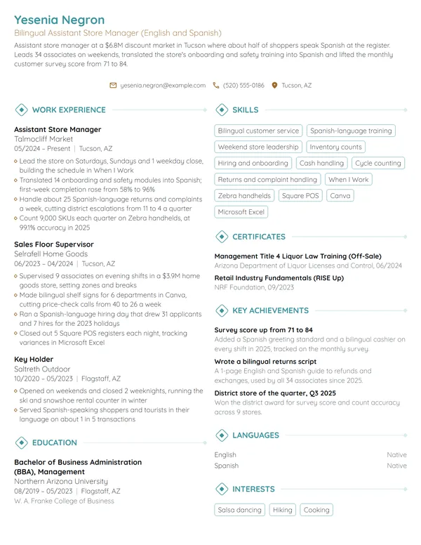 Bilingual Assistant Store Manager resume example