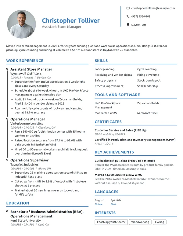 Career Change Assistant Store Manager resume example