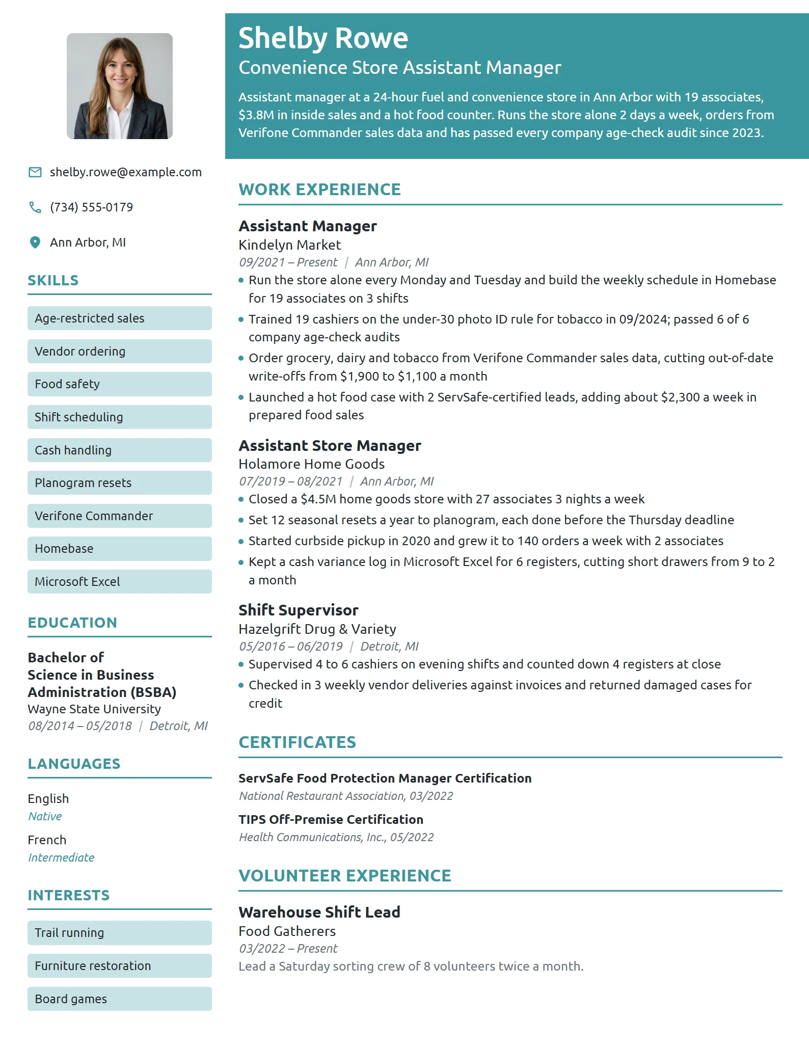 Convenience Store Assistant Manager resume example