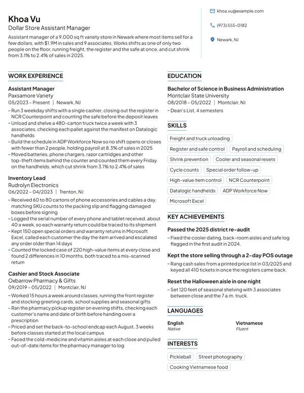 Dollar Store Assistant Manager resume example