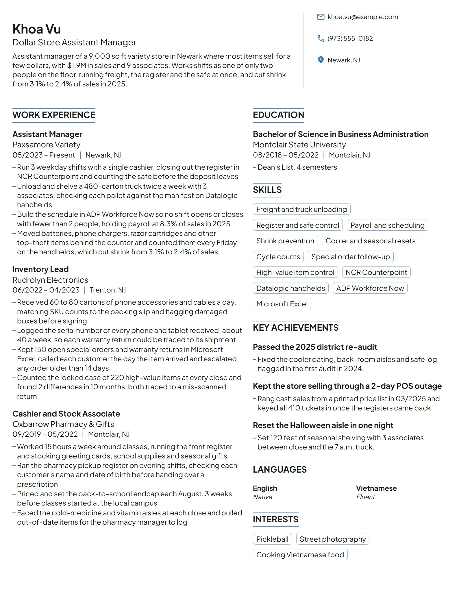 Dollar Store Assistant Manager resume example
