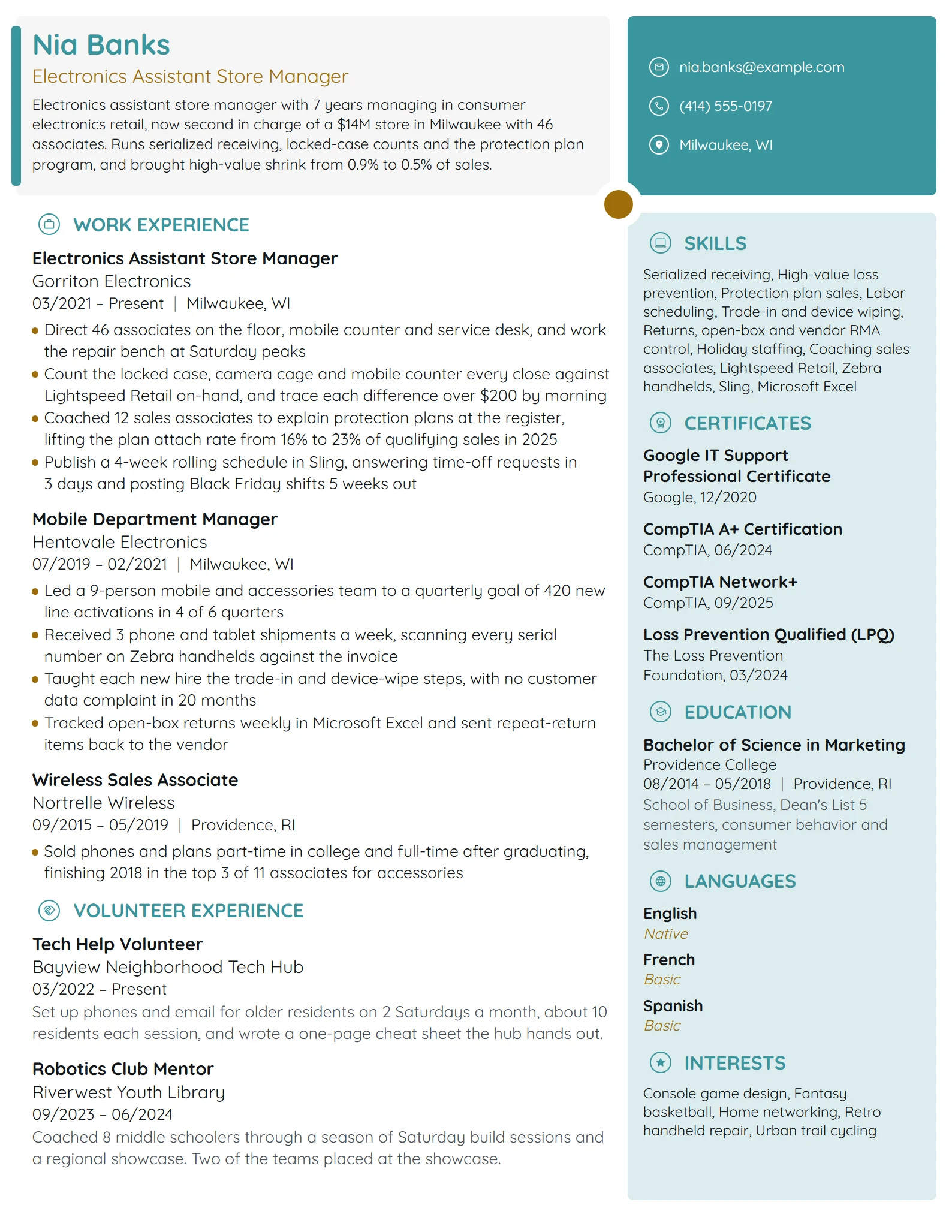 Electronics Assistant Store Manager resume example