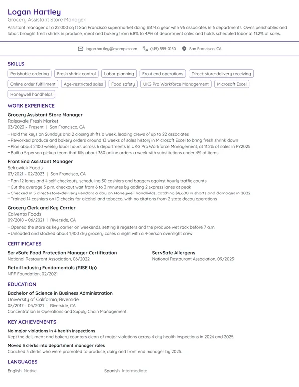 Grocery Assistant Store Manager resume example