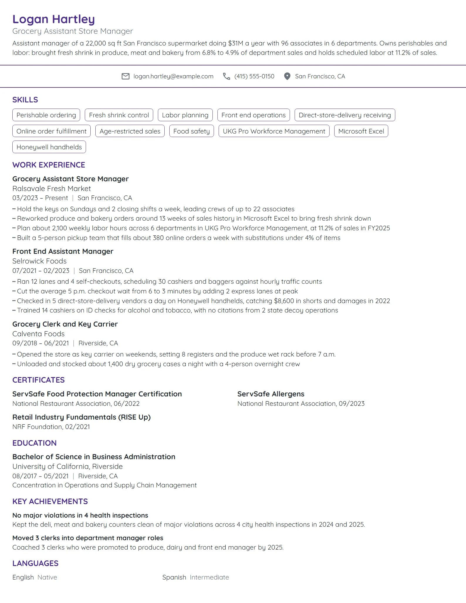 Grocery Assistant Store Manager resume example