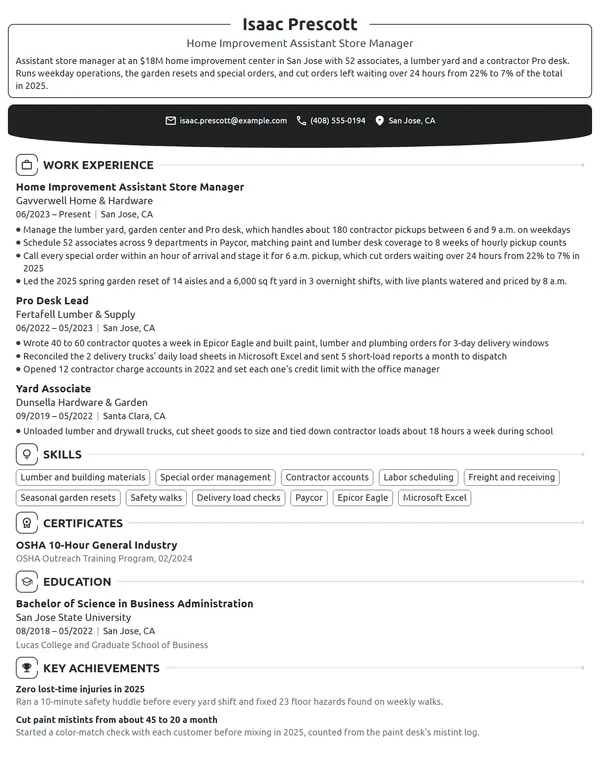 Home Improvement Assistant Store Manager resume example