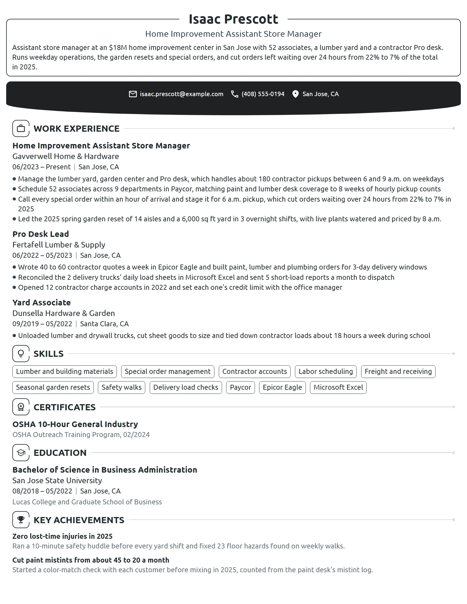 Home Improvement Assistant Store Manager resume example