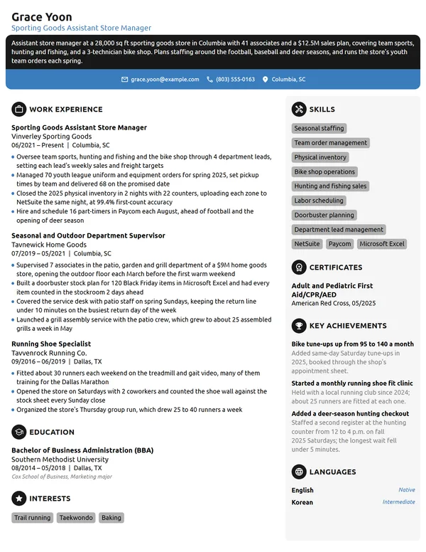 Sporting Goods Assistant Store Manager resume example