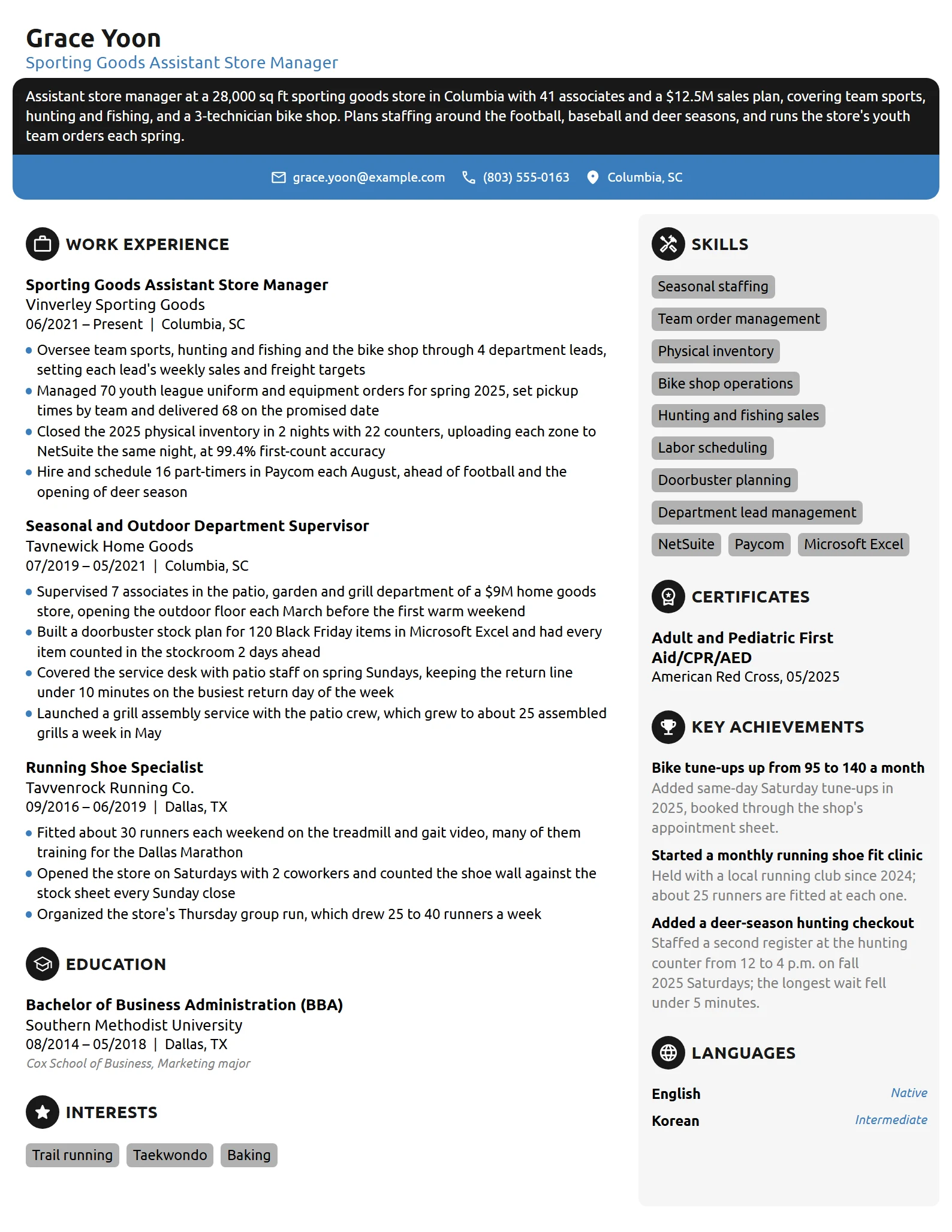 Sporting Goods Assistant Store Manager resume example