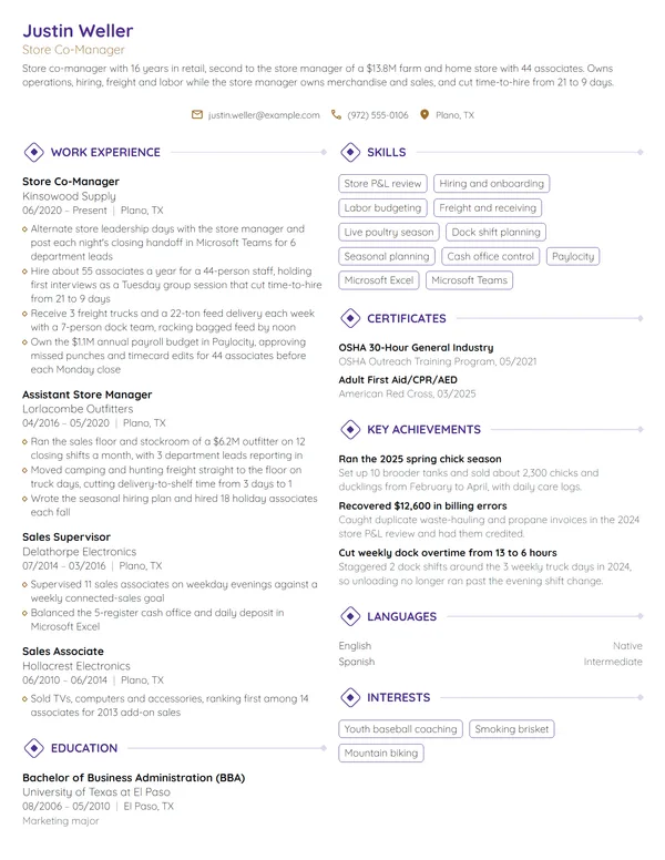 Store Co-Manager resume example