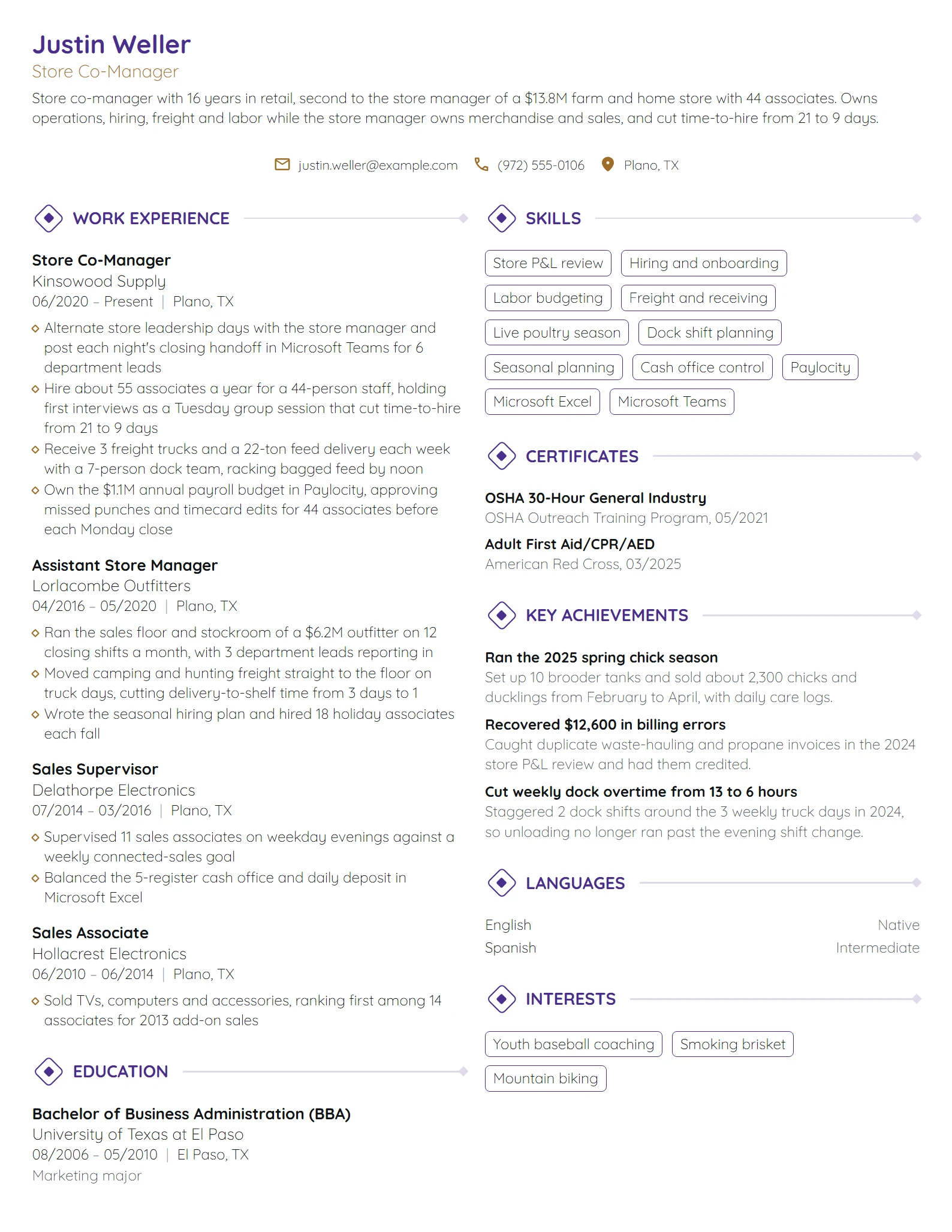Store Co-Manager resume example