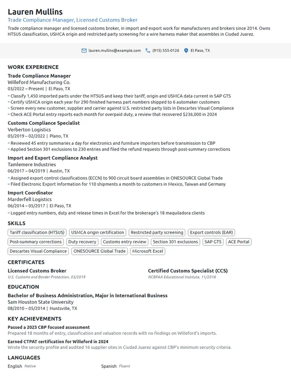 Single-Column resume example