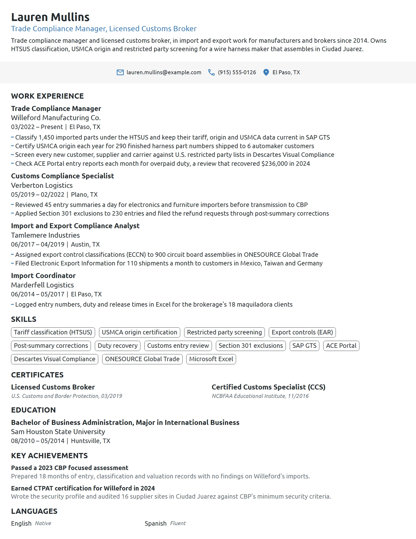 Single-Column resume example