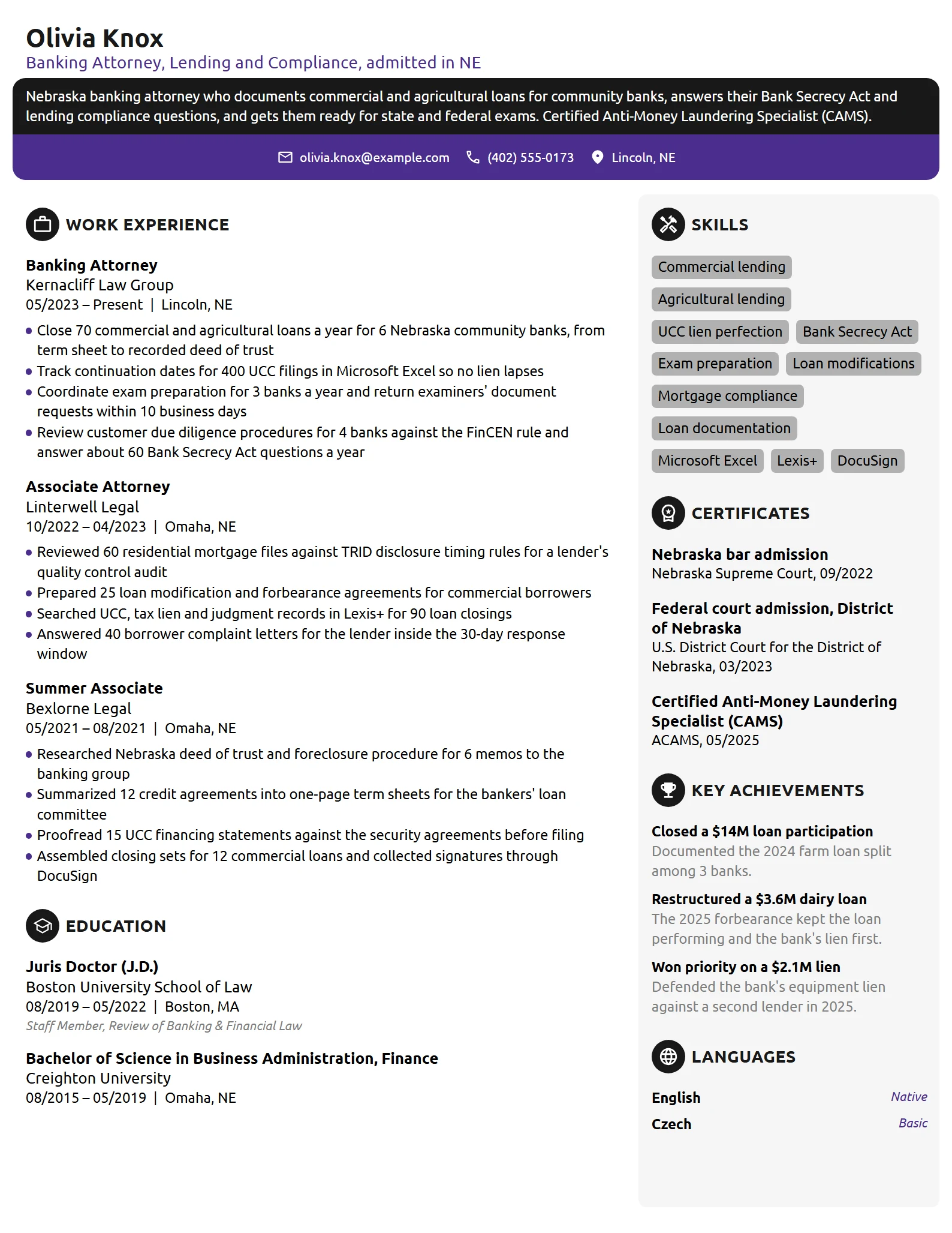 Banking Attorney resume example