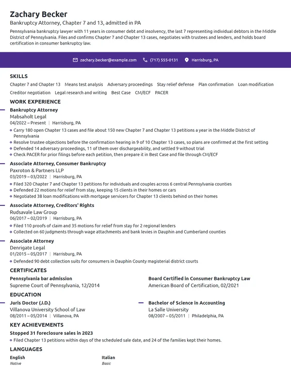 Bankruptcy Attorney resume example