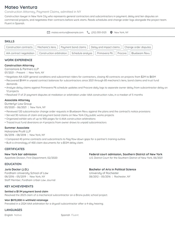 Construction Attorney resume example